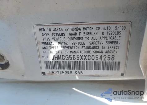 1999 Honda Accord Ex from USA, damaged, VIN JHMCG565XXC054258